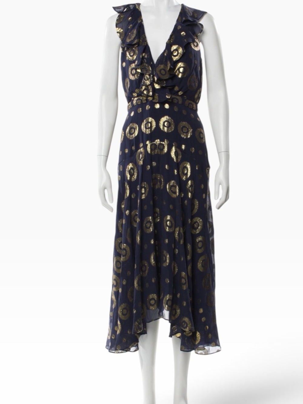 SALONI Navy Gold Metallic Silk Lurex Ruffle Midi Maxi Dress Size 6